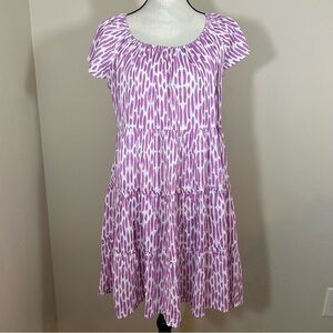 Salty Lemon Tiered Babydoll Dress Womens S Purple White Print Cap Sleeve Rayon